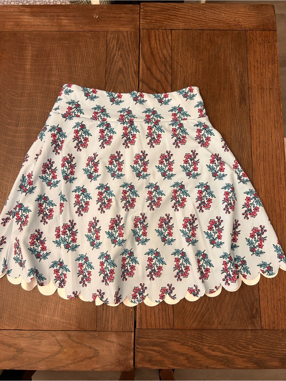 J. Crew White Scalloped Hem Skater Skirt with Pink & Teal Floral Print